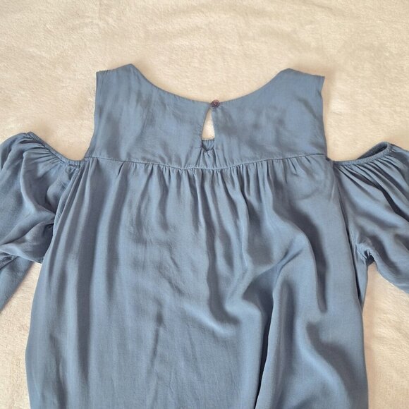 Y2K Almatrichi Blue Cold Shoulder Blouse Sequin Neckline Women’s Size S - Picture 11 of 13